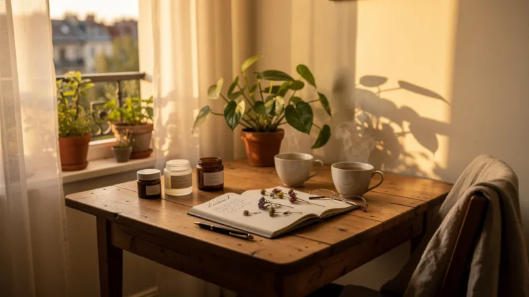 Coin lumineux et naturel illustrant l'instant l, ambiance calme et bien-être naturel en intérieur