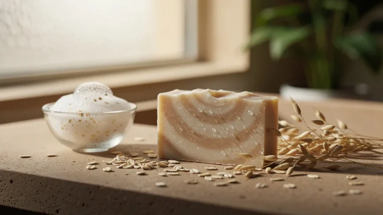 Savon surgras à l'avoine pour peau grasse avec mousse naturelle sur un comptoir en pierre