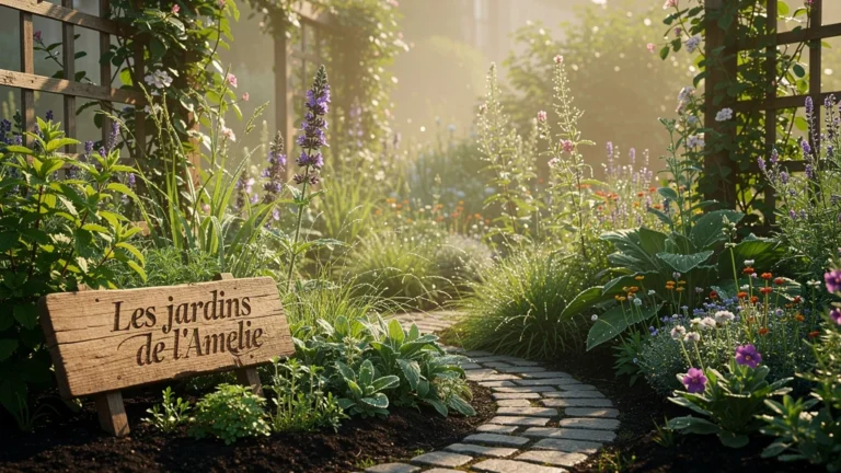 Photographie réaliste des jardins de l'Amelie, verdure luxuriante après 3 mois de soins naturels prouvés