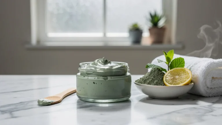 Pot de masque argile verte naturel sur plan de travail lumineux dans une salle de bain minimaliste