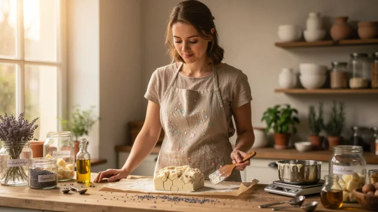 Jeune femme réfléchissant après un échec de savon maison dans une cuisine lumineuse et naturelle
