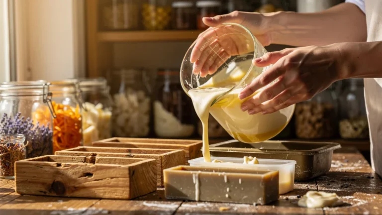 Mouler savon : mains féminines versant pâte de savon dans moules en bois naturels, ambiance chaleureuse artisanale