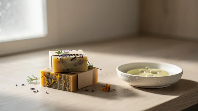 Savons artisanaux posés sur un comptoir en bois, lumière naturelle et ambiance minimaliste douce