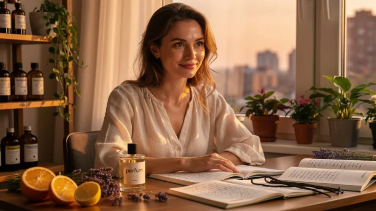 Portrait réaliste d’une rédactrice freelance découvrant le parfum naturel perfum après un mois d’usage