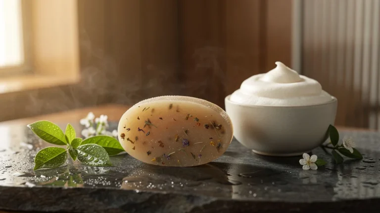 Shampoing solide naturel posé sur pierre humide avec feuilles vertes et lumière douce, ambiance spa écologique