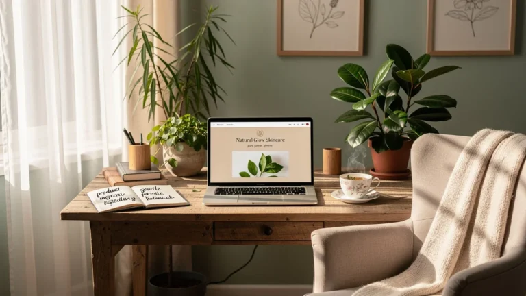 Espace de travail lumineux et naturel d’une rédactrice freelance en soins naturels, ambiance calme et authentique