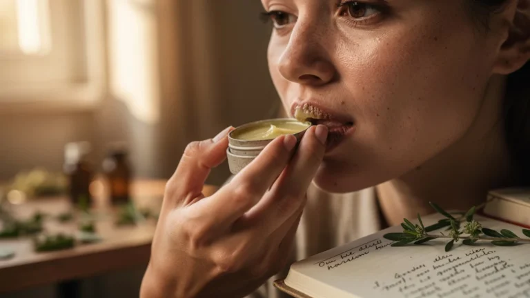 Femme appliquant un baume solide à l'huile d'olive sur des lèvres gercées en cours de guérison