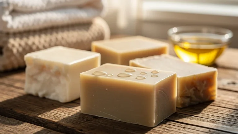 Savon artisanal naturel sans mousse excessive malgré une haute teneur en huile sur surface en bois rustique